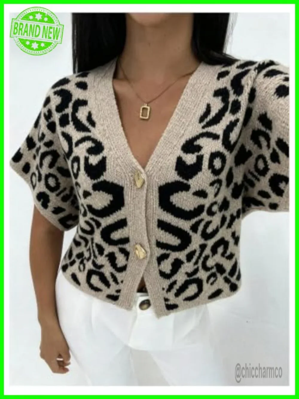 Leopard Print Short Sleeve Cardigan V Neck Knit Button Up Sweater
